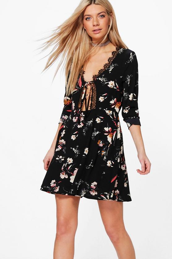 CeCe Tie Front Lace Trim Skater Dress